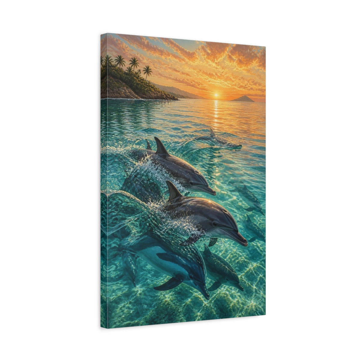 Side Mockup 3. Coastal Dolphin Sunrise shown as canvas print