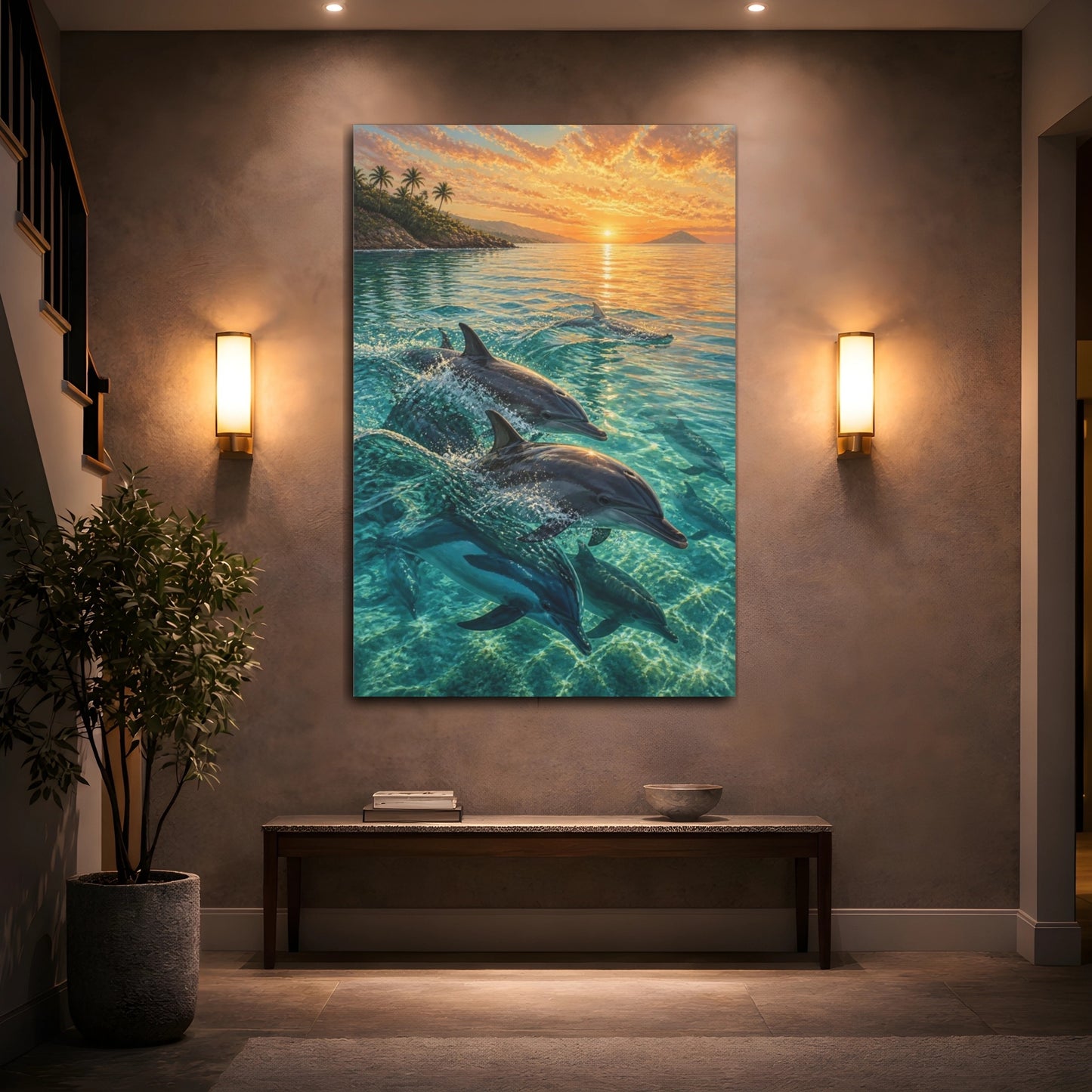 Mockup 2. Coastal Dolphin Sunrise shown as canvas print