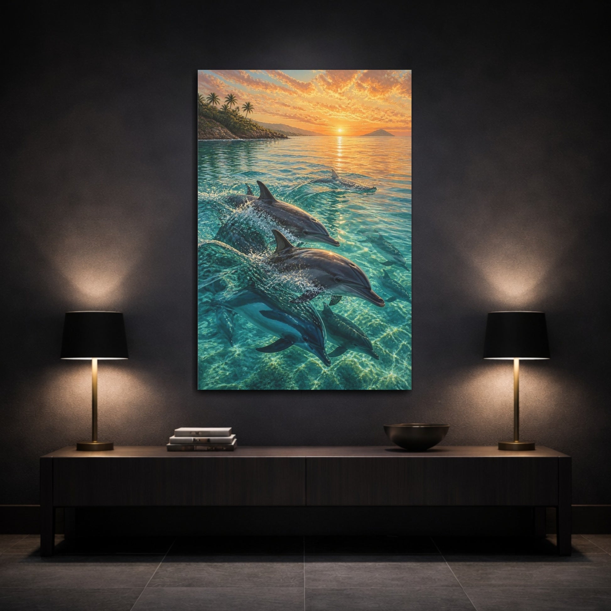 Mockup 3. Coastal Dolphin Sunrise shown as canvas print
