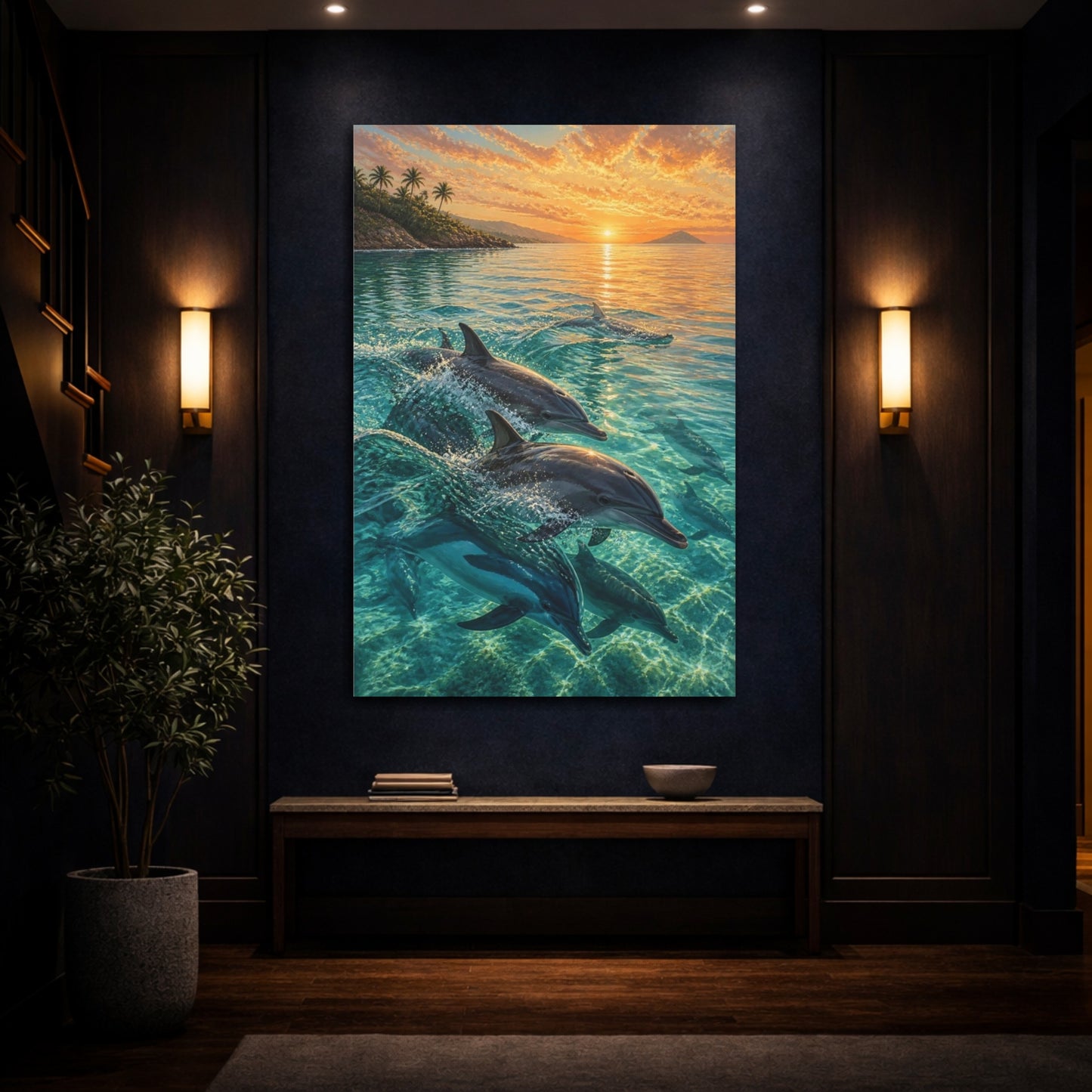 Mockup 4. Coastal Dolphin Sunrise shown as canvas print