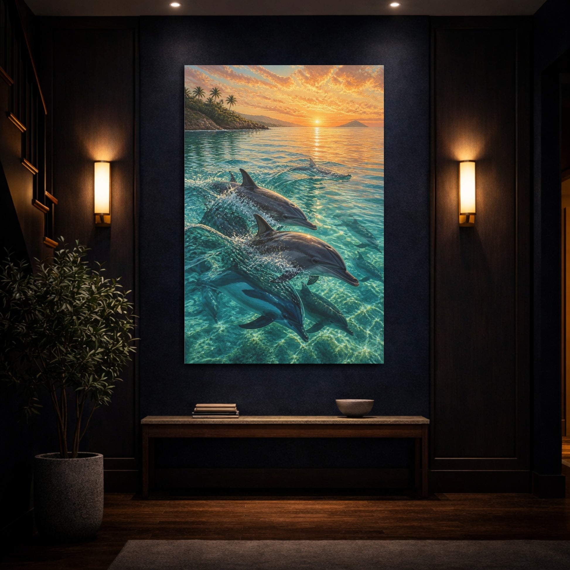 Mockup 4. Coastal Dolphin Sunrise shown as canvas print