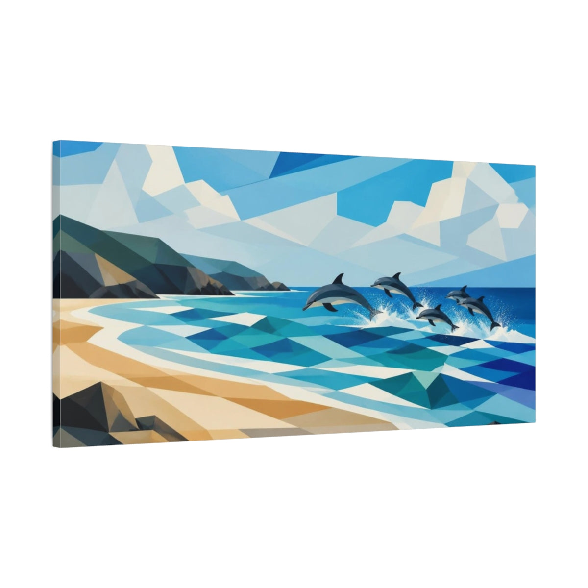 Main Mockup. Coastal Dolphins Leap shown as canvas print