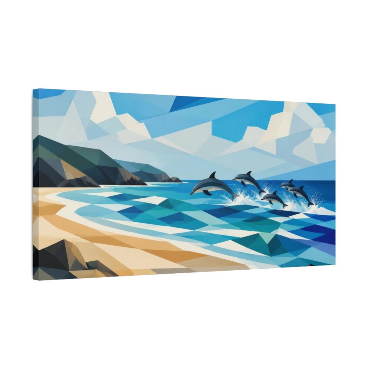 Side Mockup 1. Coastal Dolphins Leap shown as canvas print