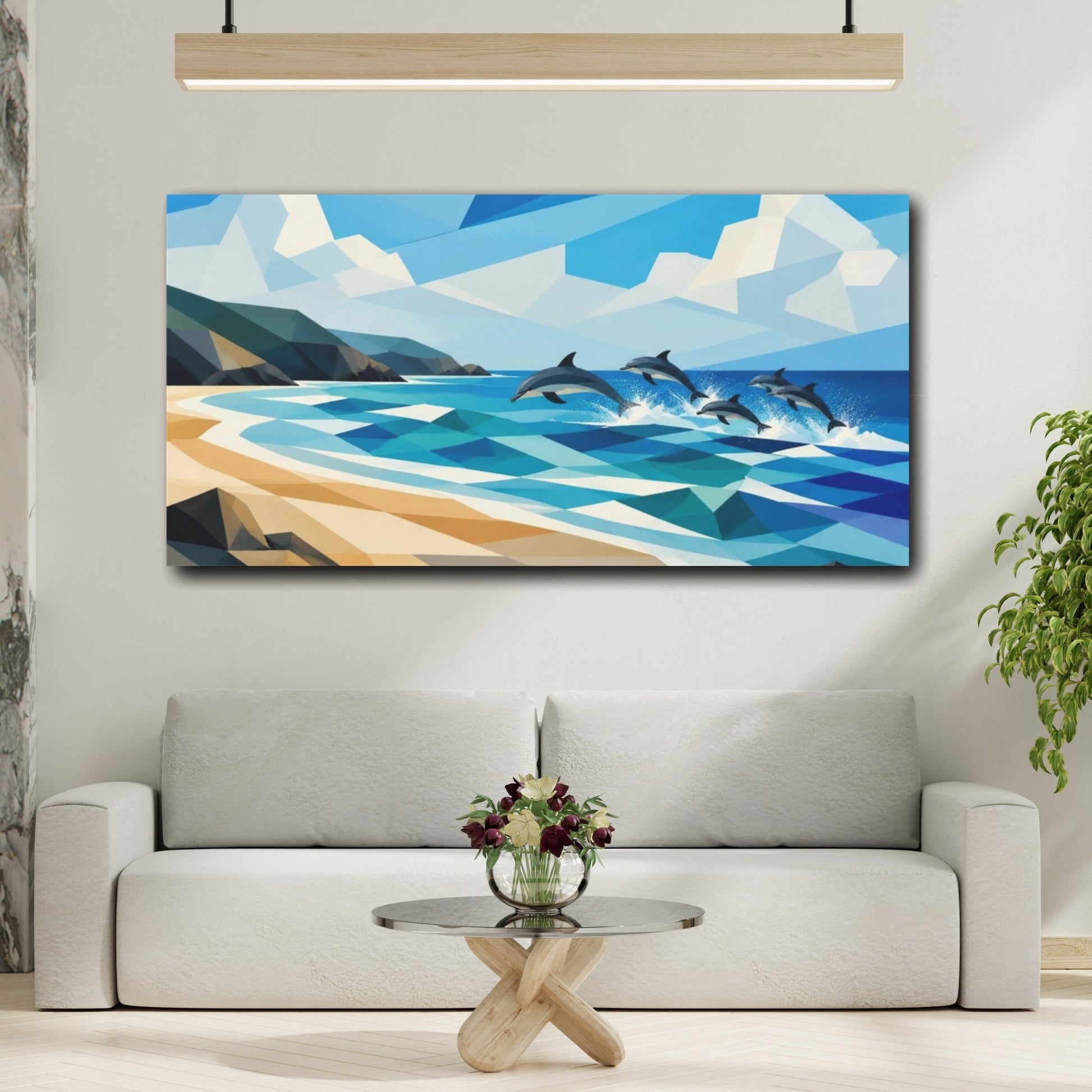 Mockup 2. Coastal Dolphins Leap shown as canvas print