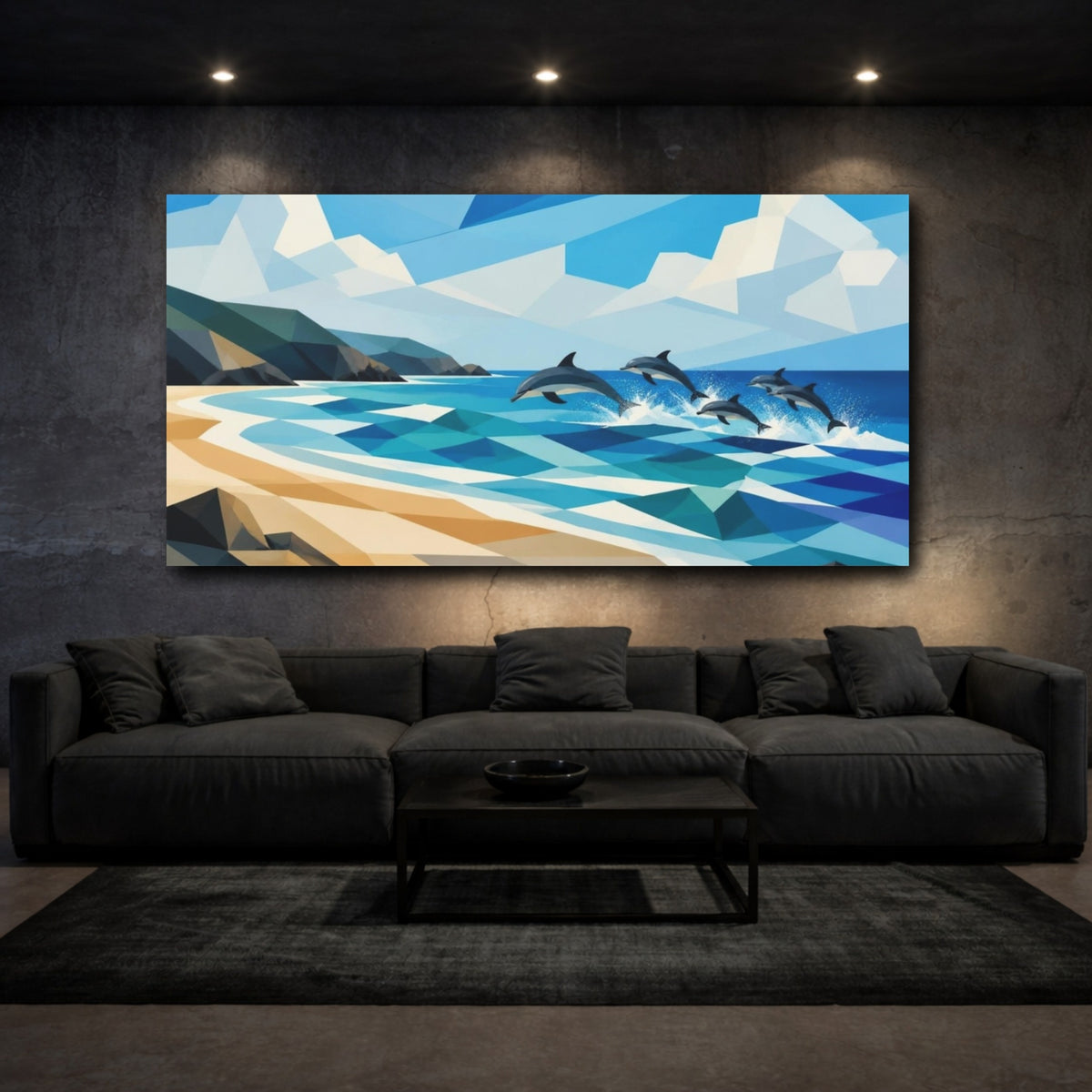 Mockup 3. Coastal Dolphins Leap shown as canvas print