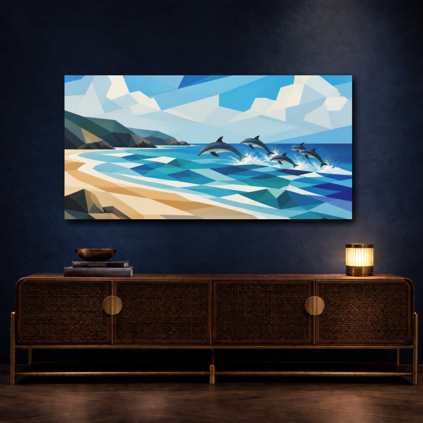 Mockup 4. Coastal Dolphins Leap shown as canvas print