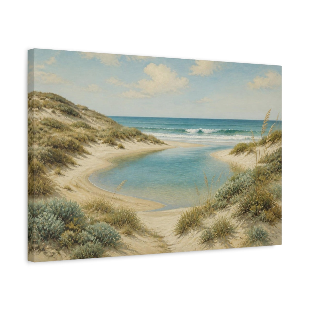 Side Mockup 3. Coastal Dunes And Lagoon shown as canvas print