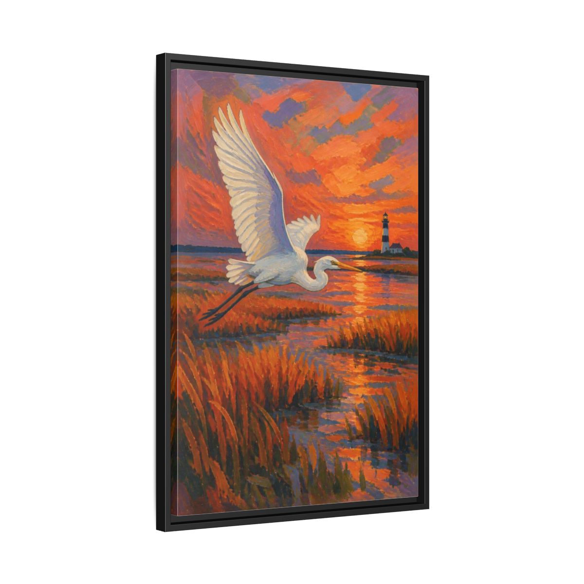 Side Mockup 14. Coastal Egret At Sunset shown as framed canvas print