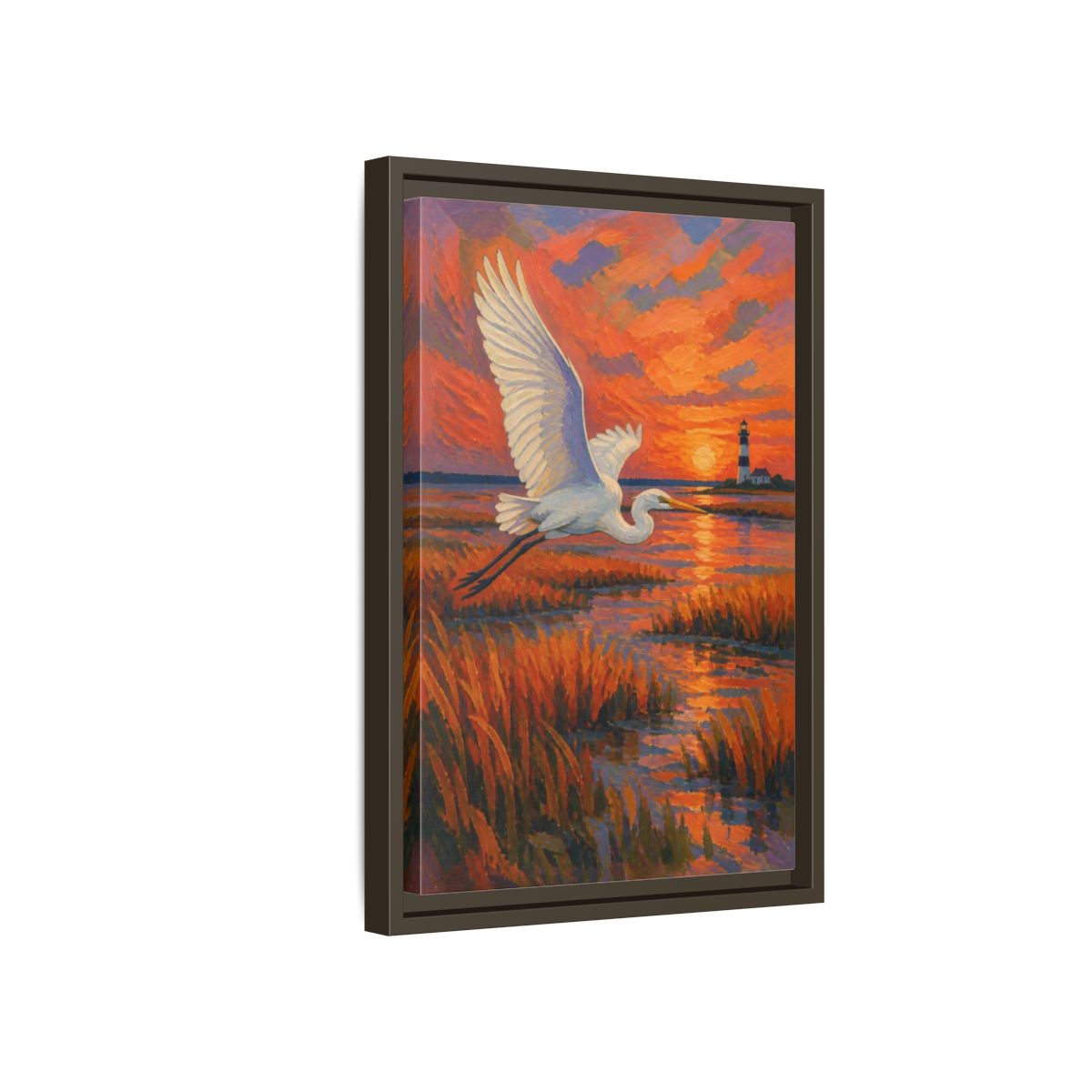 Side Mockup 5. Coastal Egret At Sunset shown as framed canvas print