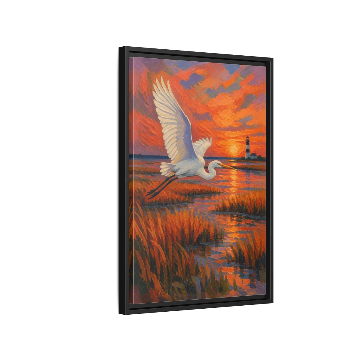 Side Mockup 3. Coastal Egret At Sunset shown as framed canvas print