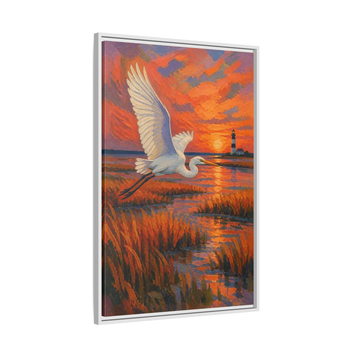 Side Mockup 9. Coastal Egret At Sunset shown as framed canvas print