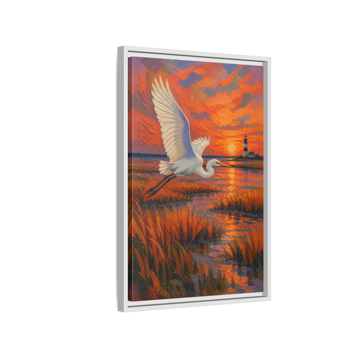 Side Mockup 1. Coastal Egret At Sunset shown as framed canvas print