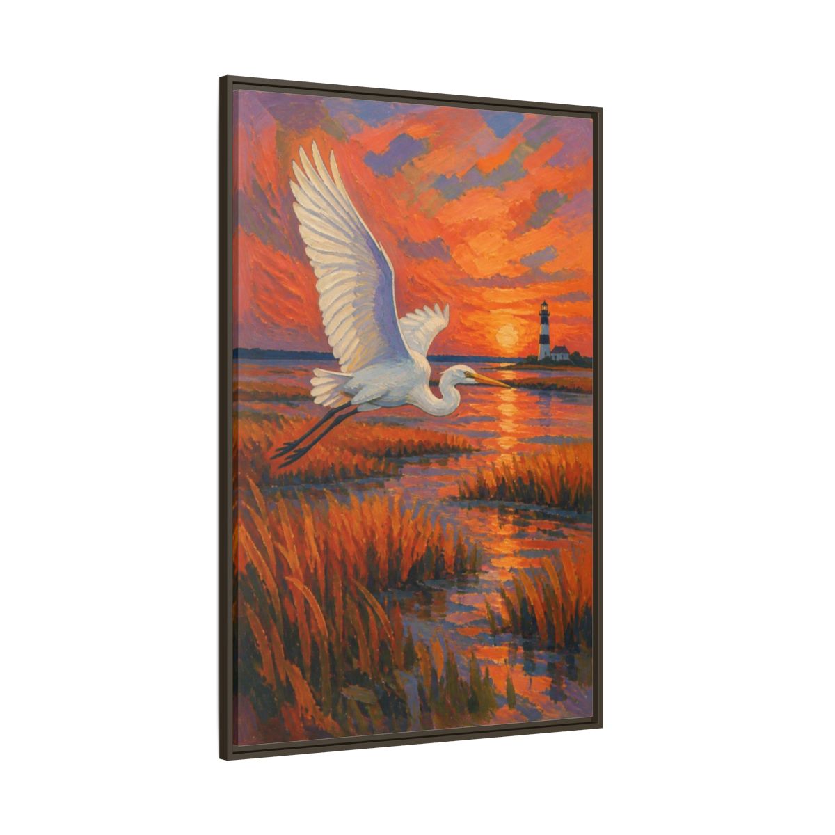 Side Mockup 8. Coastal Egret At Sunset shown as framed canvas print