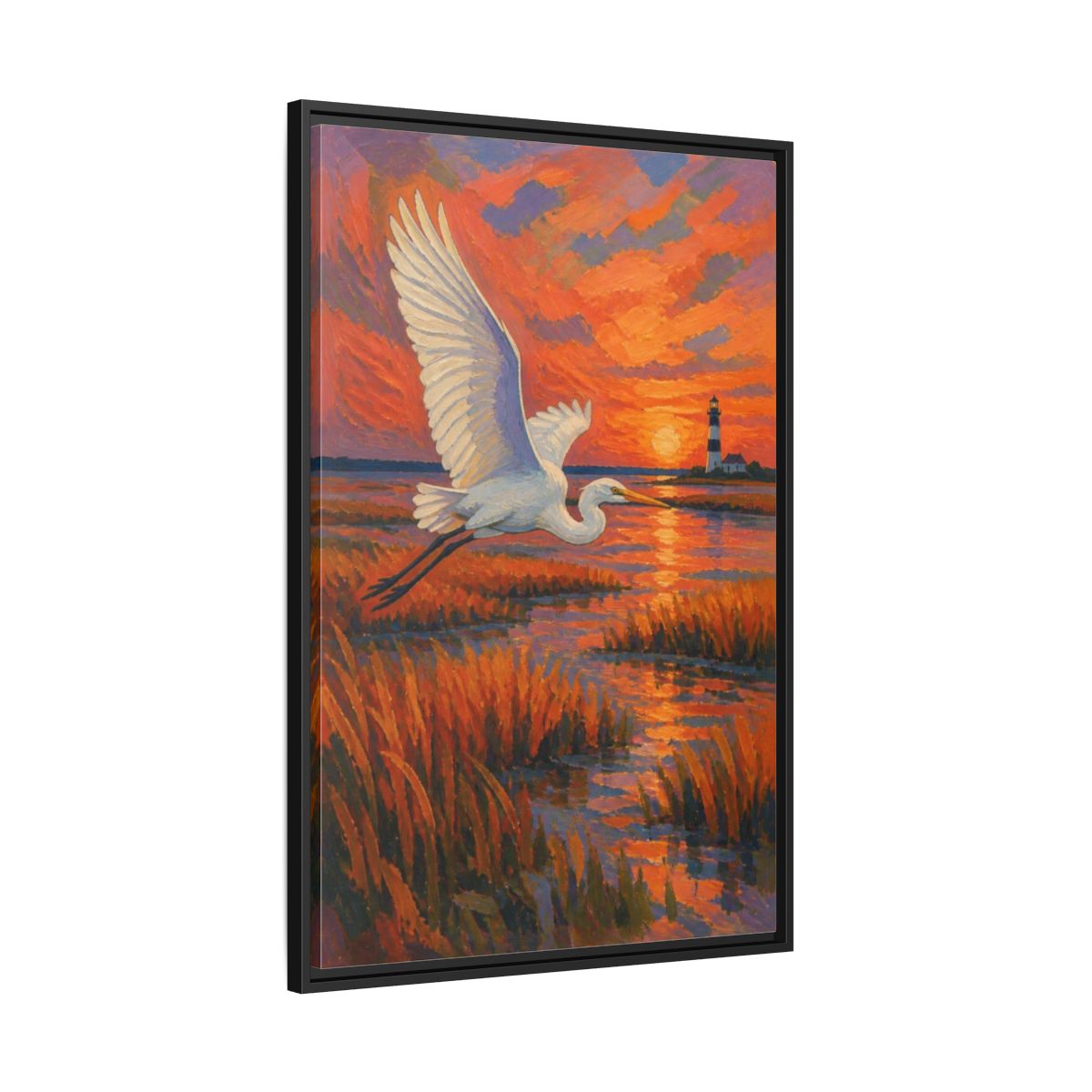Side Mockup 13. Coastal Egret At Sunset shown as framed canvas print