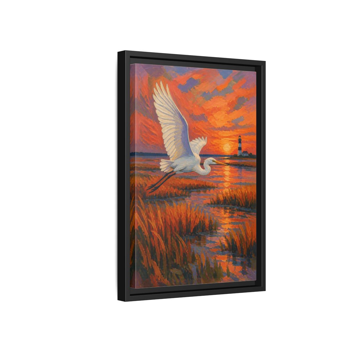 Side Mockup 6. Coastal Egret At Sunset shown as framed canvas print