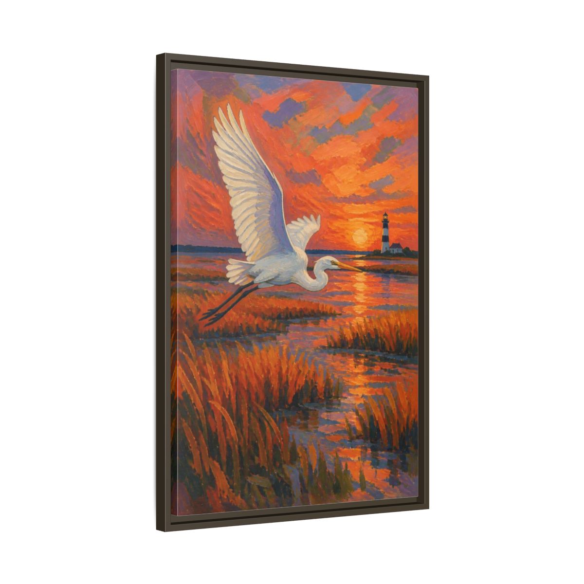 Side Mockup 11. Coastal Egret At Sunset shown as framed canvas print