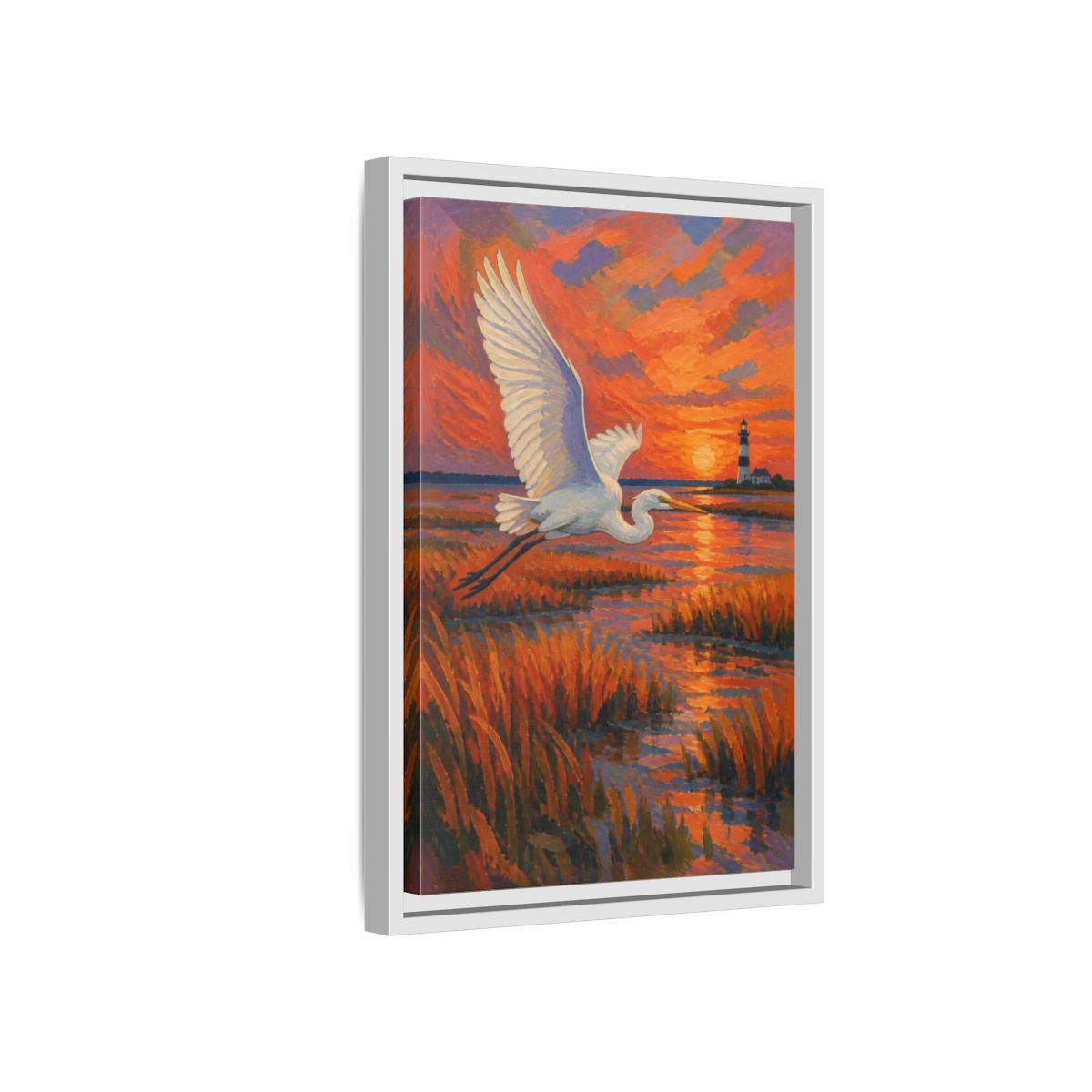 Side Mockup 4. Coastal Egret At Sunset shown as framed canvas print