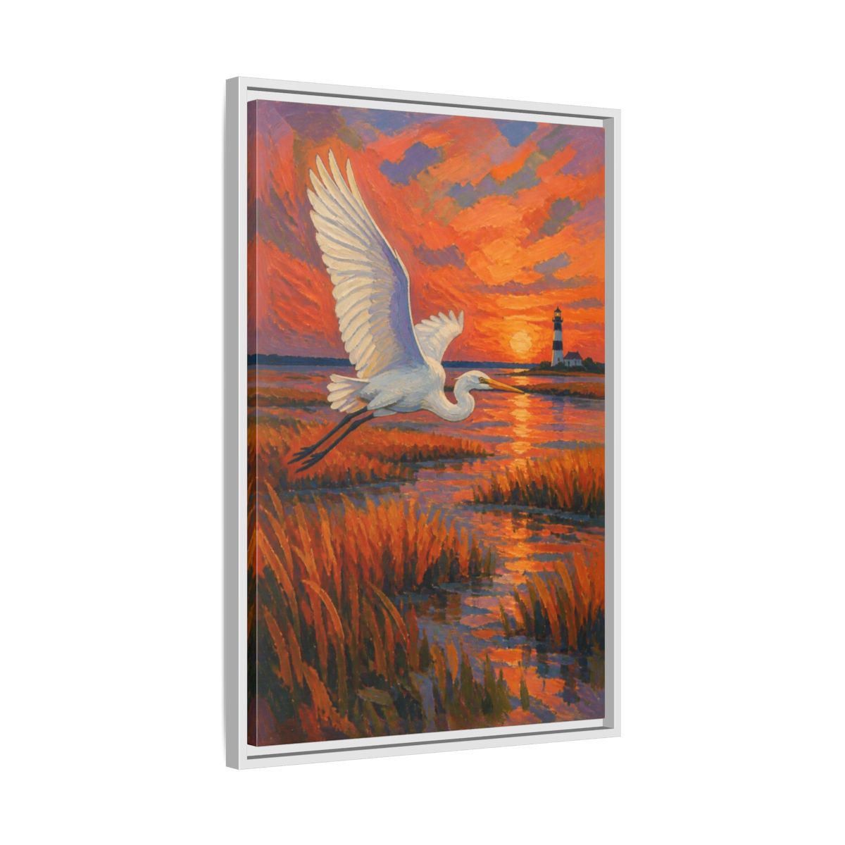 Side Mockup 10. Coastal Egret At Sunset shown as framed canvas print