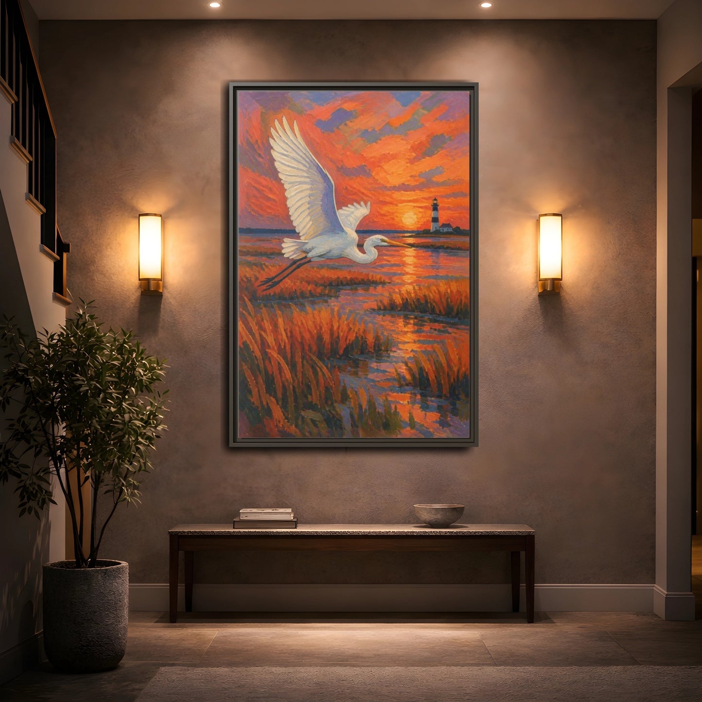 Mockup 2. Coastal Egret At Sunset shown as framed canvas print