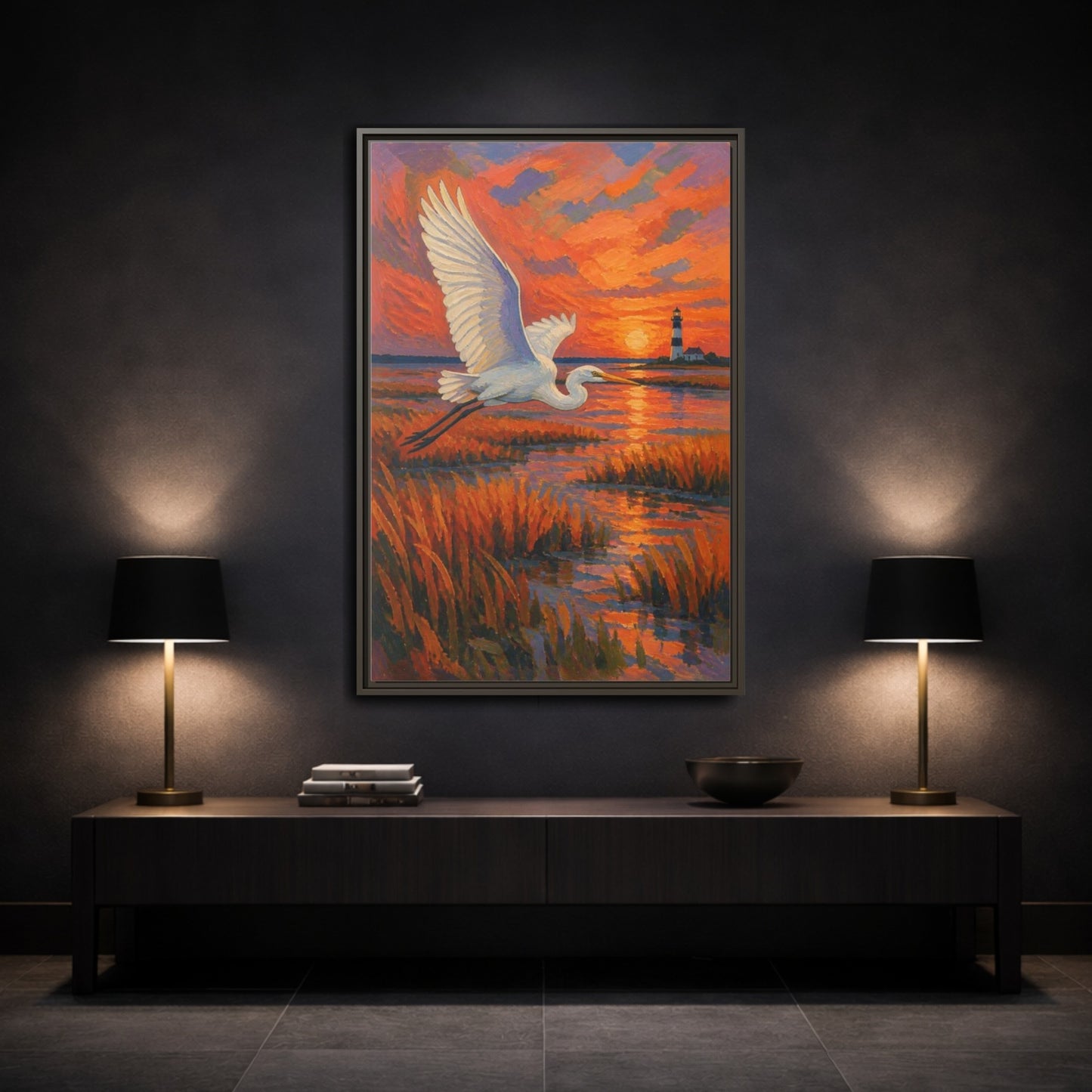 Mockup 3. Coastal Egret At Sunset shown as framed canvas print