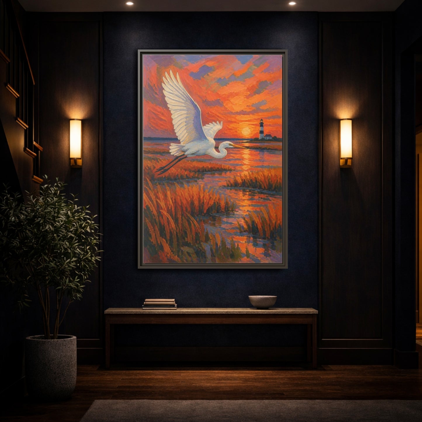 Mockup 4. Coastal Egret At Sunset shown as framed canvas print
