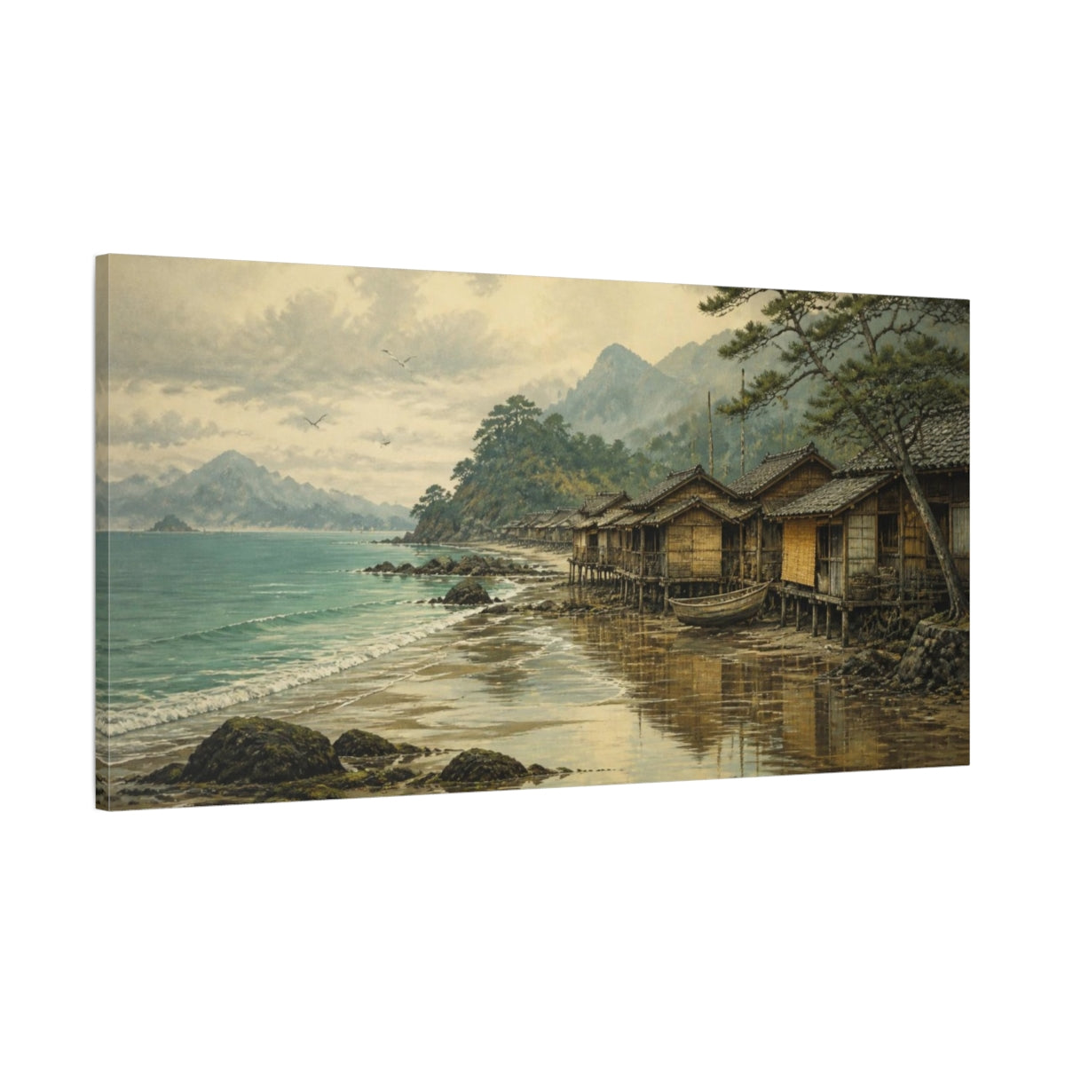 Main Mockup. Coastal Fishing Huts At Low Tide shown as canvas print