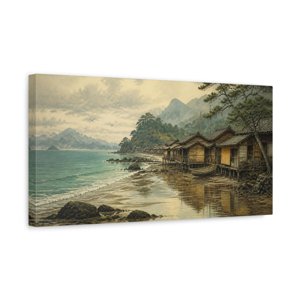 Side Mockup 3. Coastal Fishing Huts At Low Tide shown as canvas print