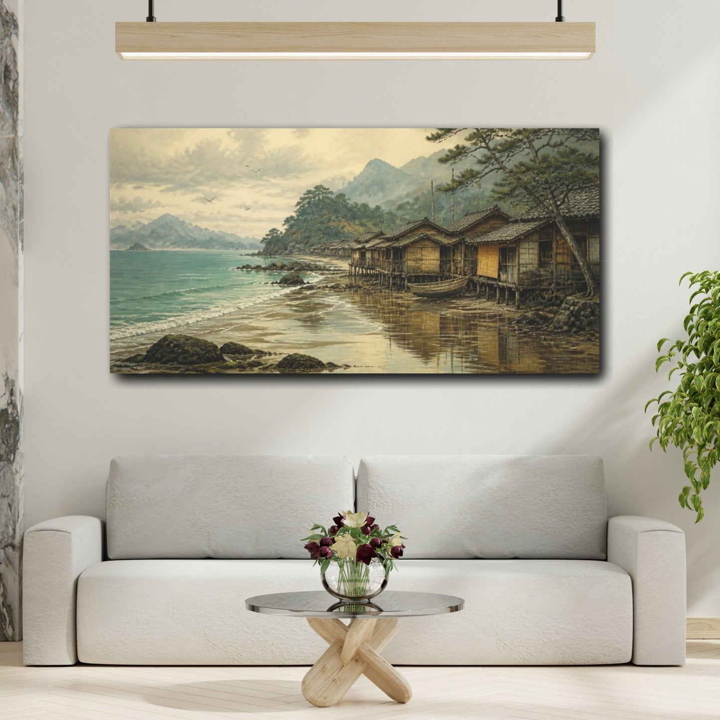 Mockup 2. Coastal Fishing Huts At Low Tide shown as canvas print