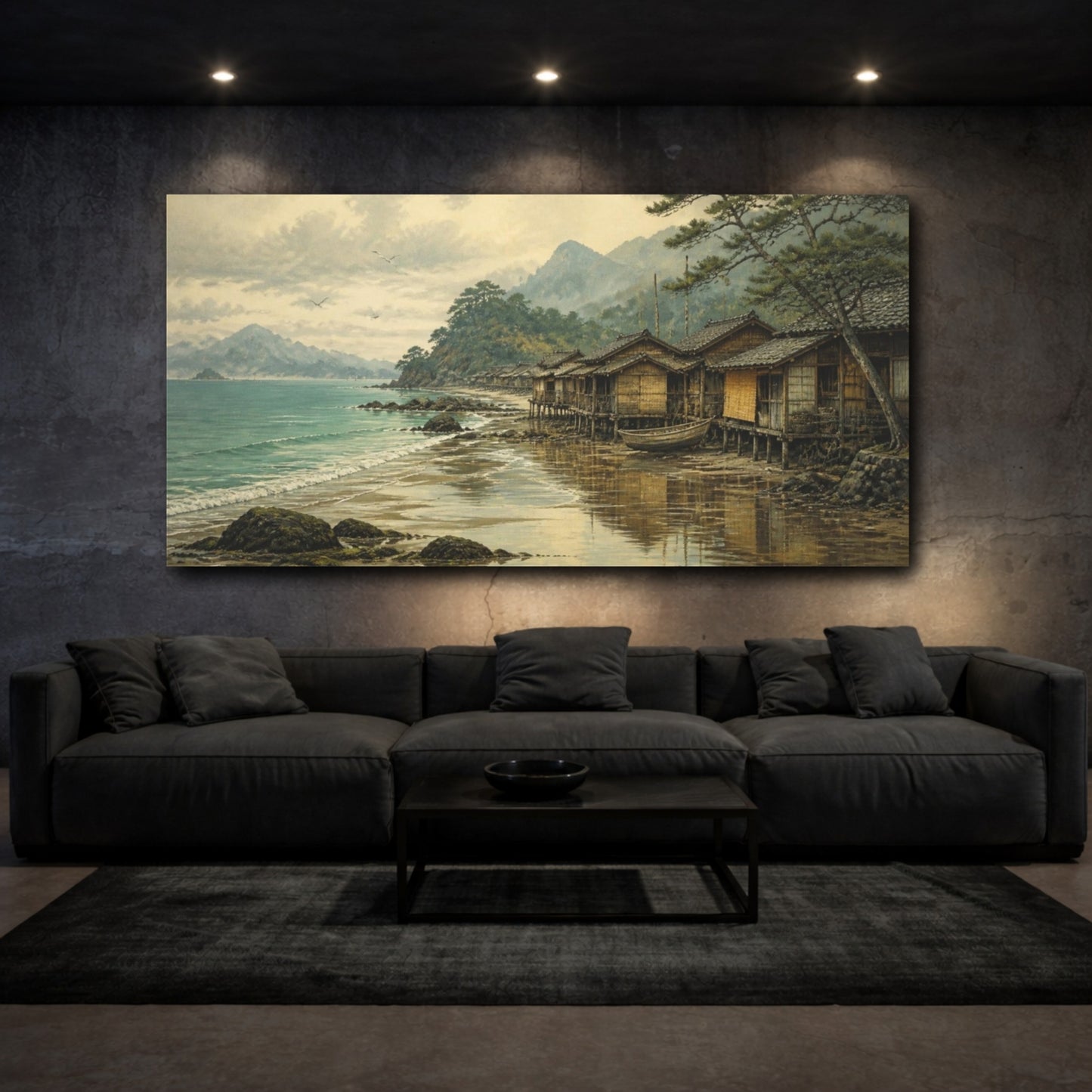 Mockup 3. Coastal Fishing Huts At Low Tide shown as canvas print