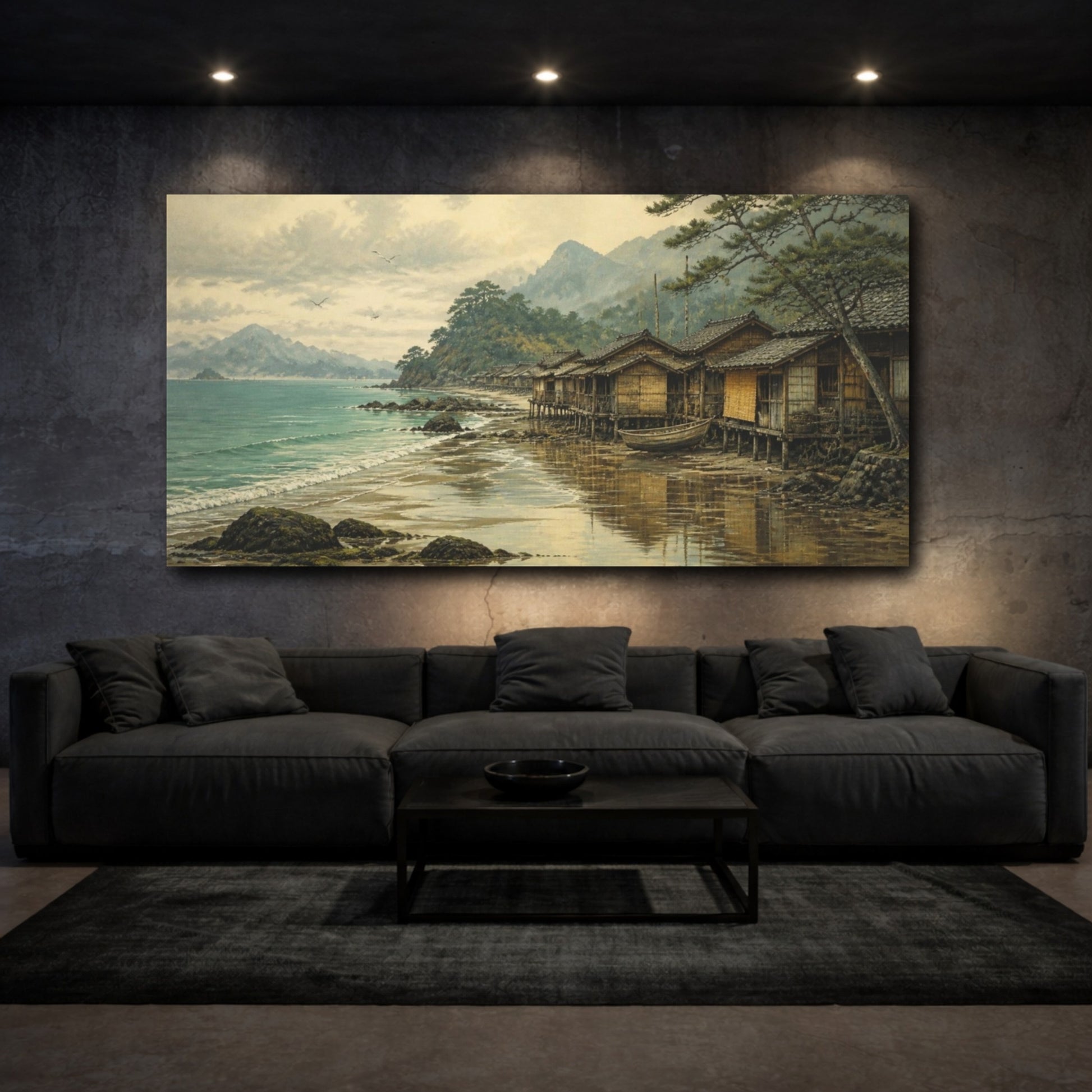 Mockup 3. Coastal Fishing Huts At Low Tide shown as canvas print