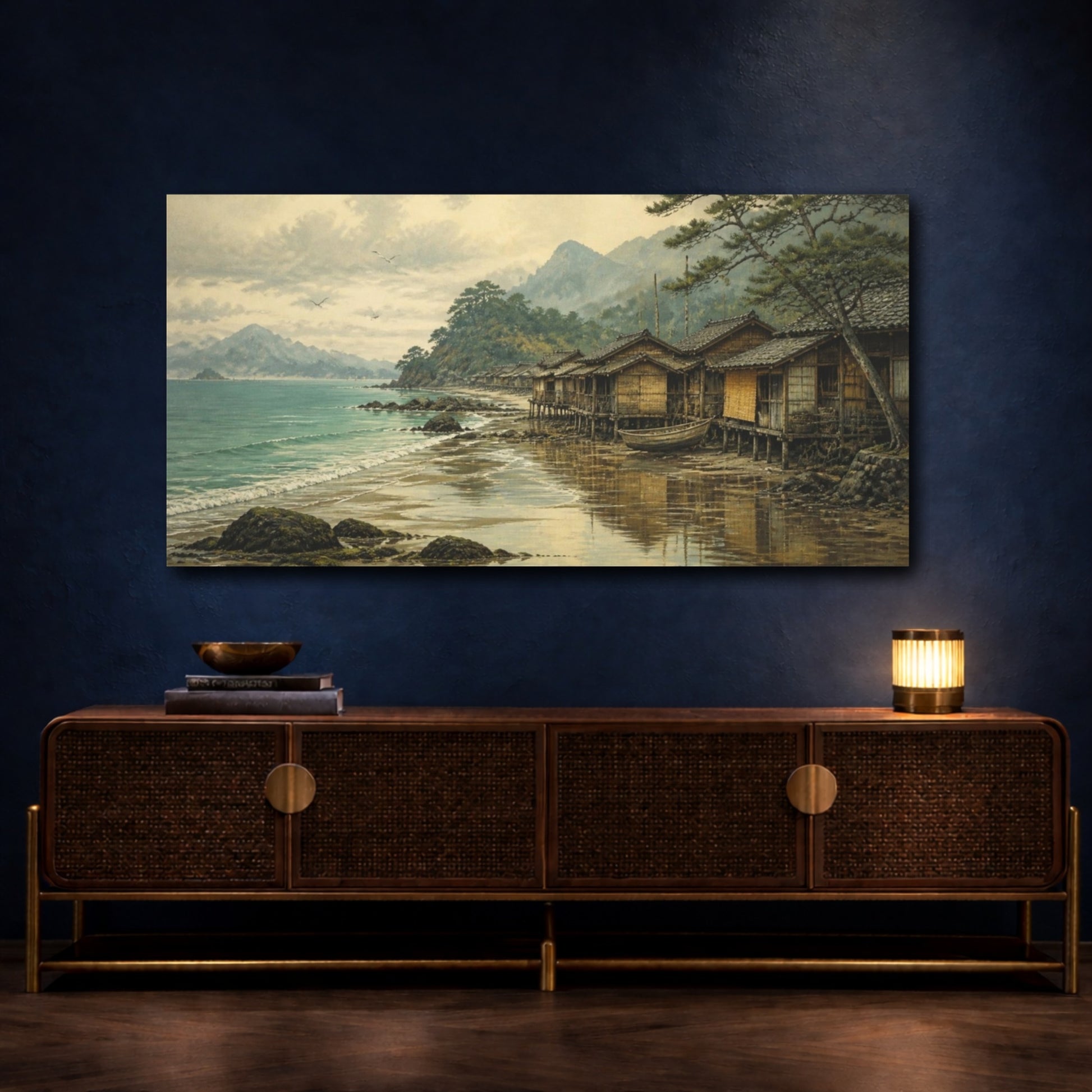 Mockup 4. Coastal Fishing Huts At Low Tide shown as canvas print