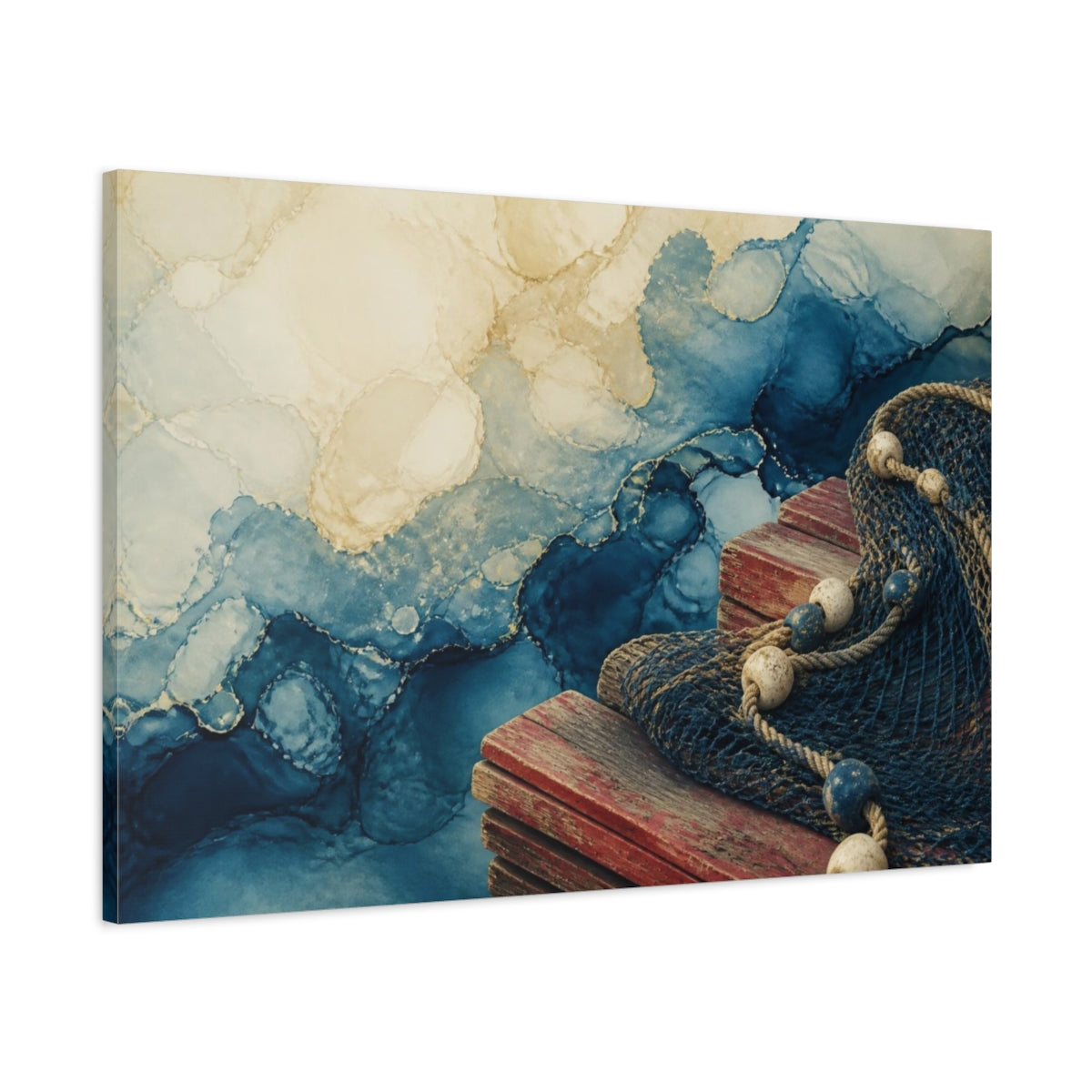 Main Mockup. Coastal Fishing Net On Pier shown as canvas print