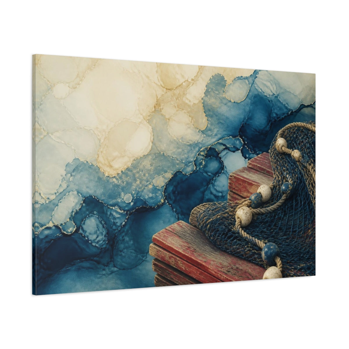 Side Mockup 1. Coastal Fishing Net On Pier shown as canvas print