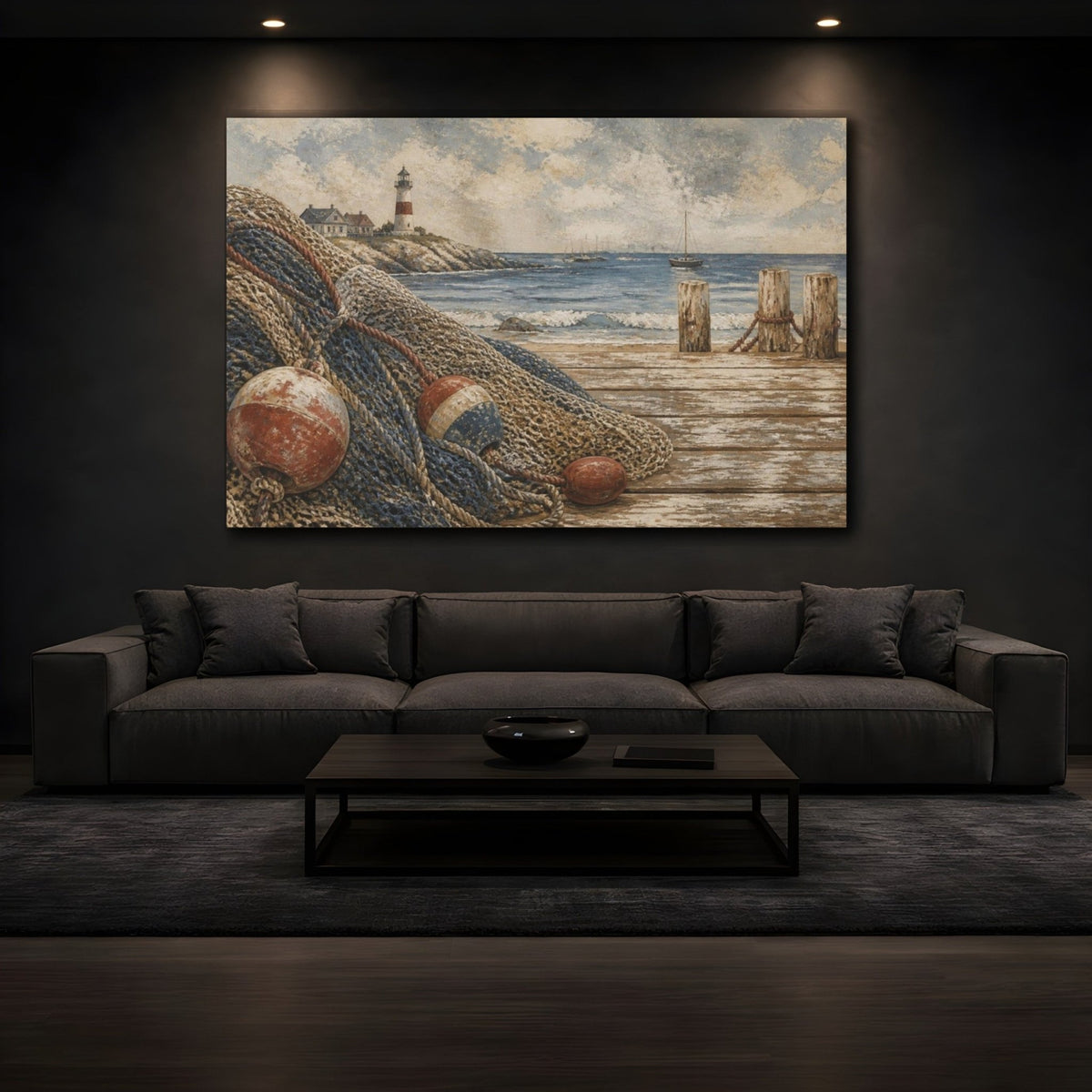 Coastal Fishing Nets Canvas Print – Living Room, Above Couch, Muted Blue - YesArtYes