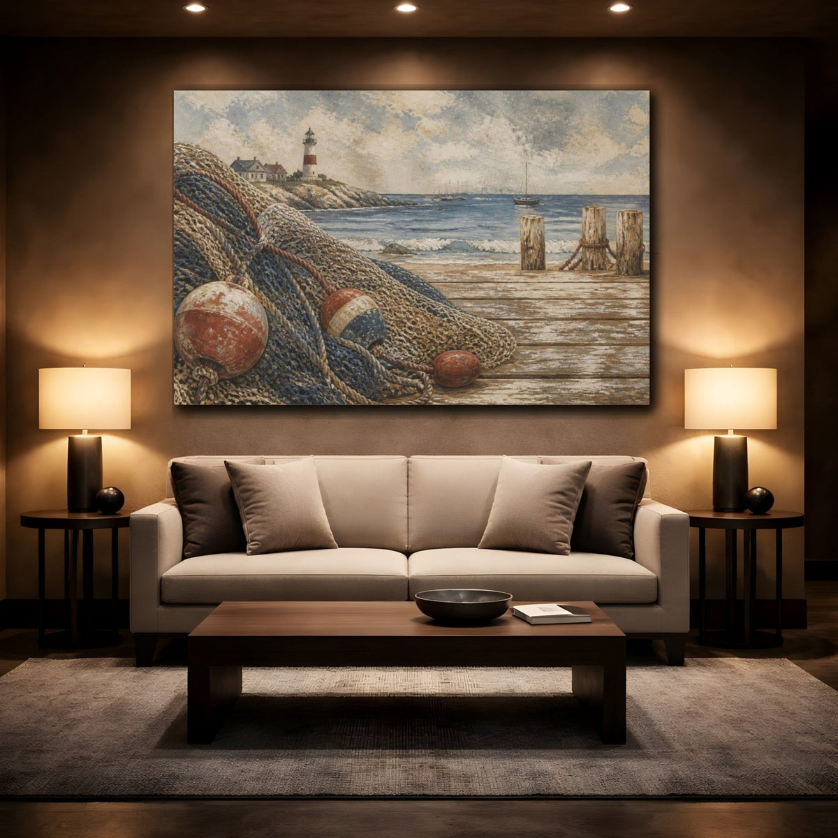 Coastal Fishing Nets Canvas Print – Living Room, Above Couch, Muted Blue - YesArtYes