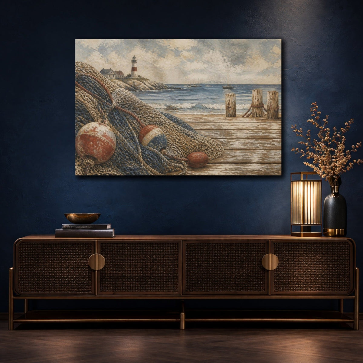 Coastal Fishing Nets Canvas Print – Living Room, Above Couch, Muted Blue - YesArtYes
