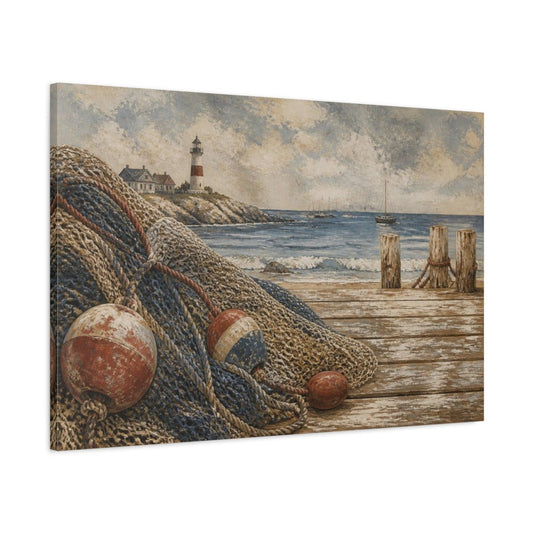 Coastal Fishing Nets Canvas Print – Living Room, Above Couch, Muted Blue - YesArtYes