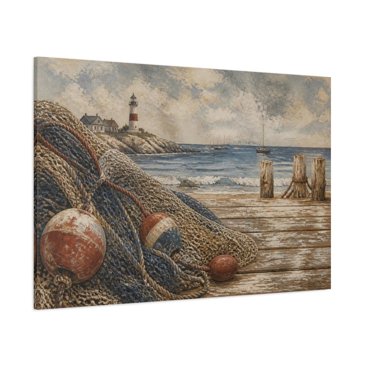Coastal Fishing Nets Canvas Print – Living Room, Above Couch, Muted Blue - YesArtYes