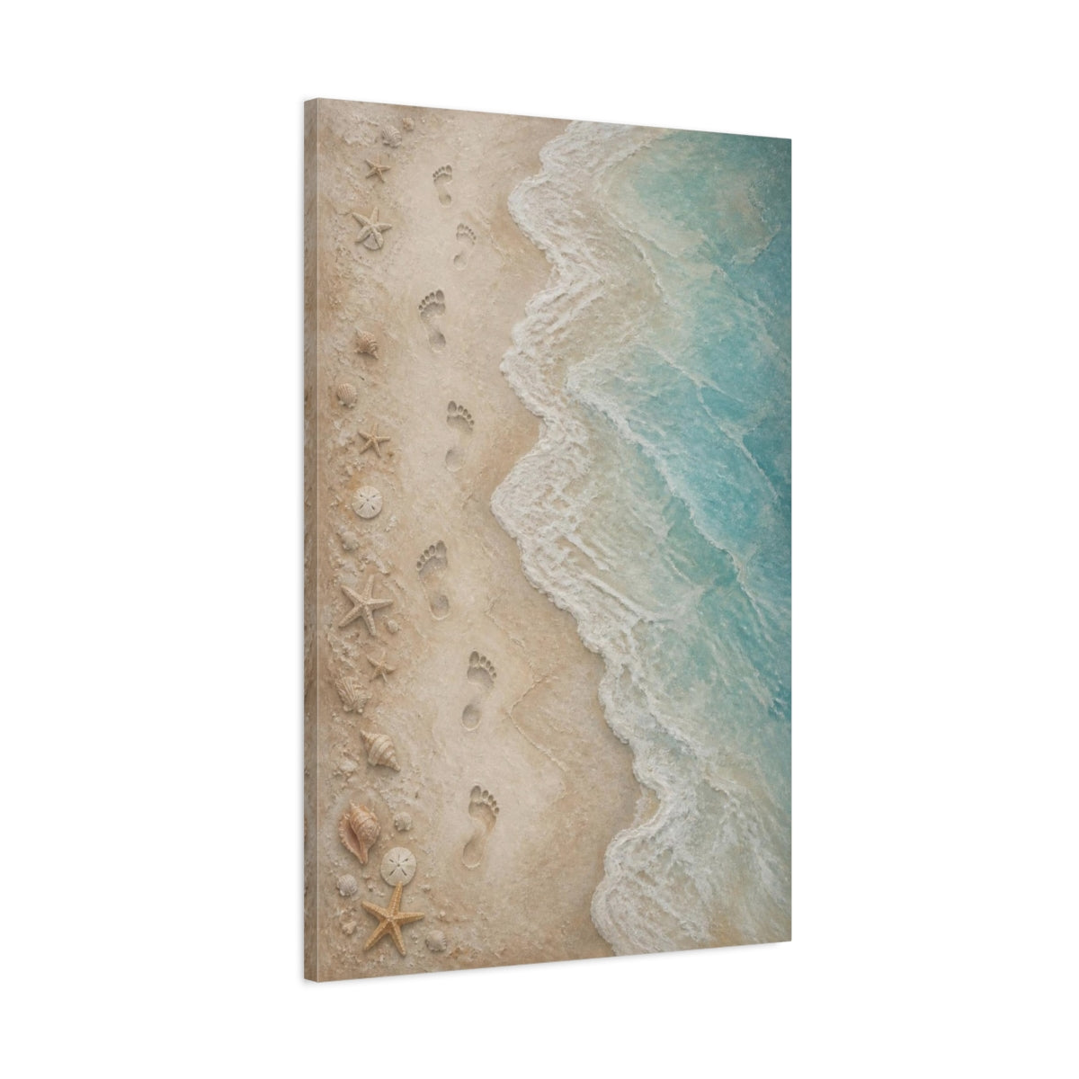Main Mockup. Coastal Footprints On Sand shown as canvas print