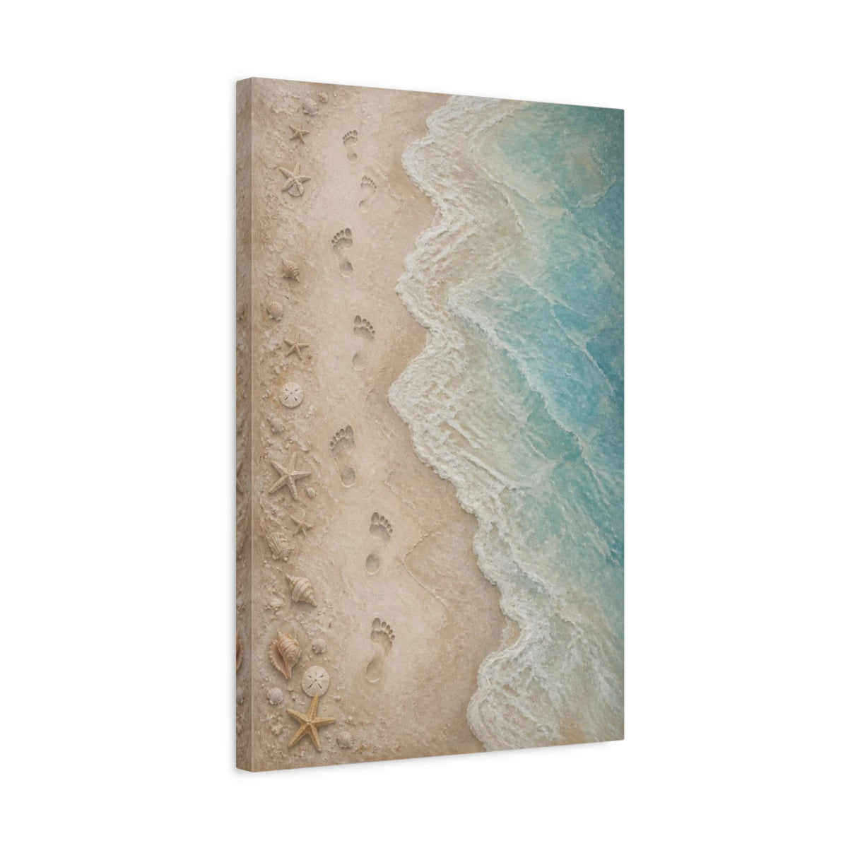 Side Mockup 3. Coastal Footprints On Sand shown as canvas print