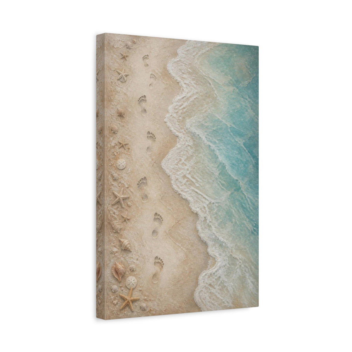 Side Mockup 4. Coastal Footprints On Sand shown as canvas print