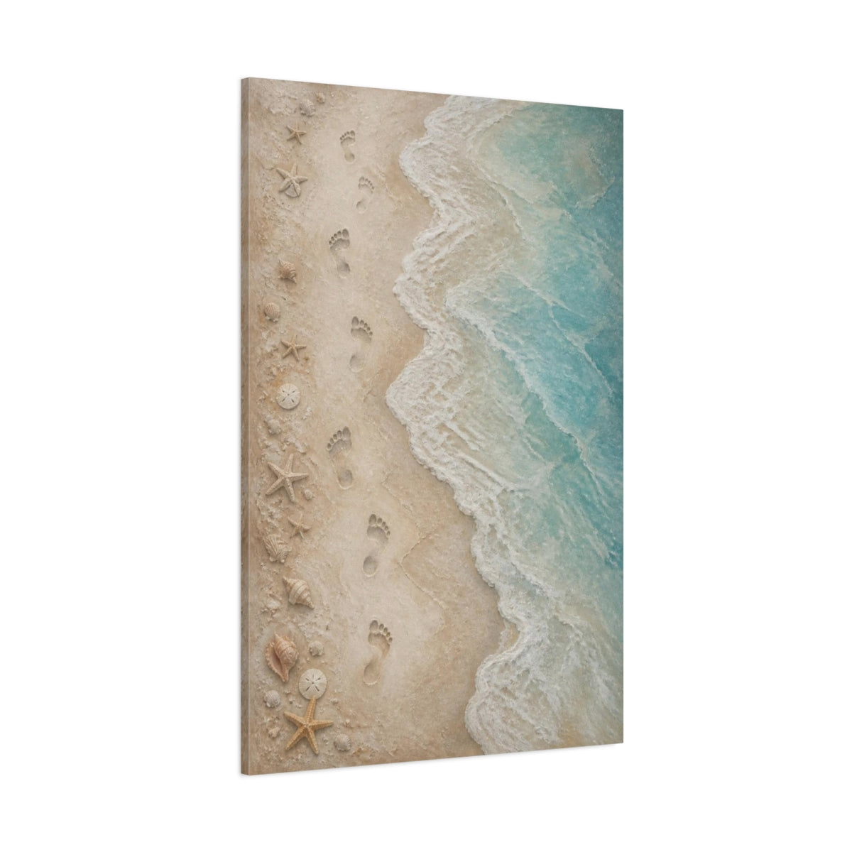 Side Mockup 1. Coastal Footprints On Sand shown as canvas print