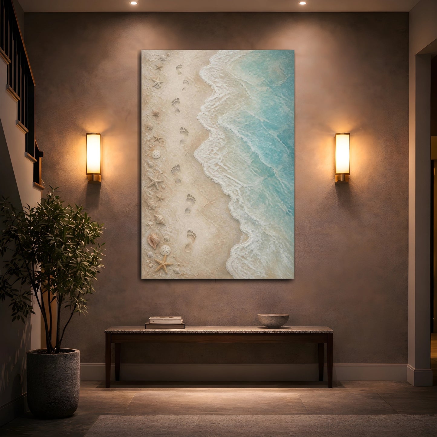 Mockup 2. Coastal Footprints On Sand shown as canvas print