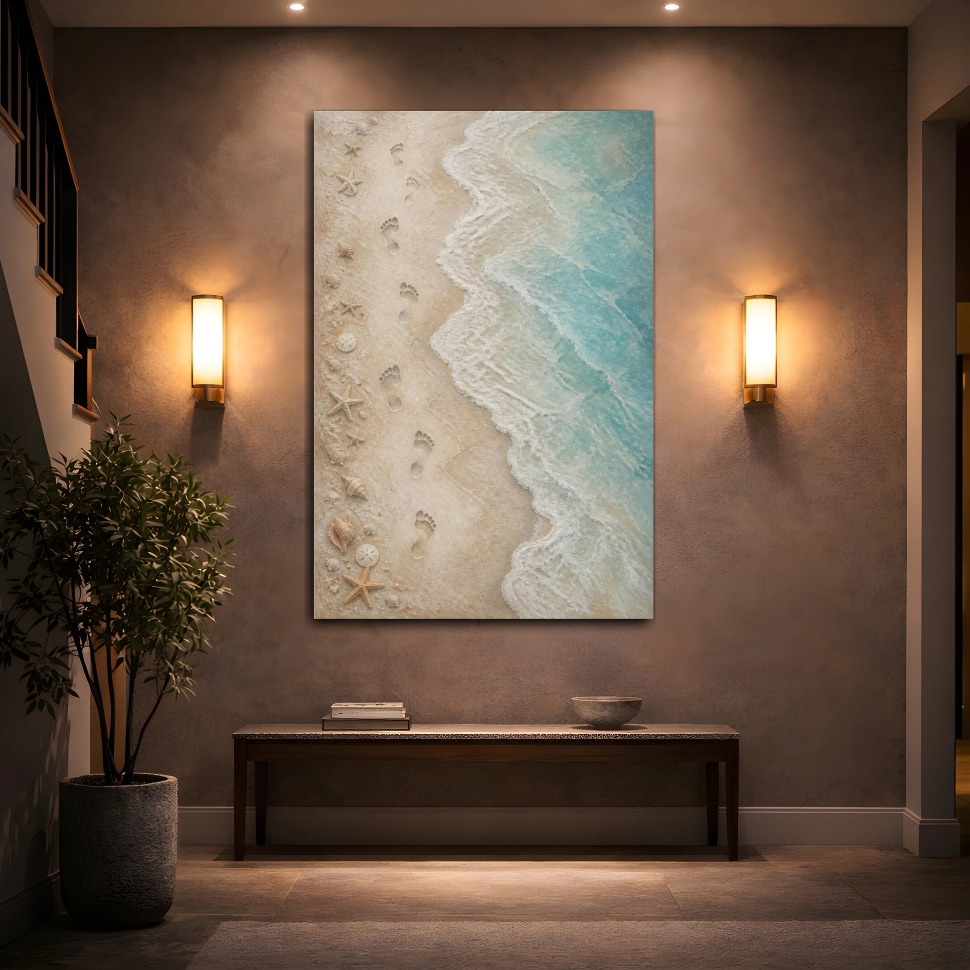 Mockup 2. Coastal Footprints On Sand shown as canvas print