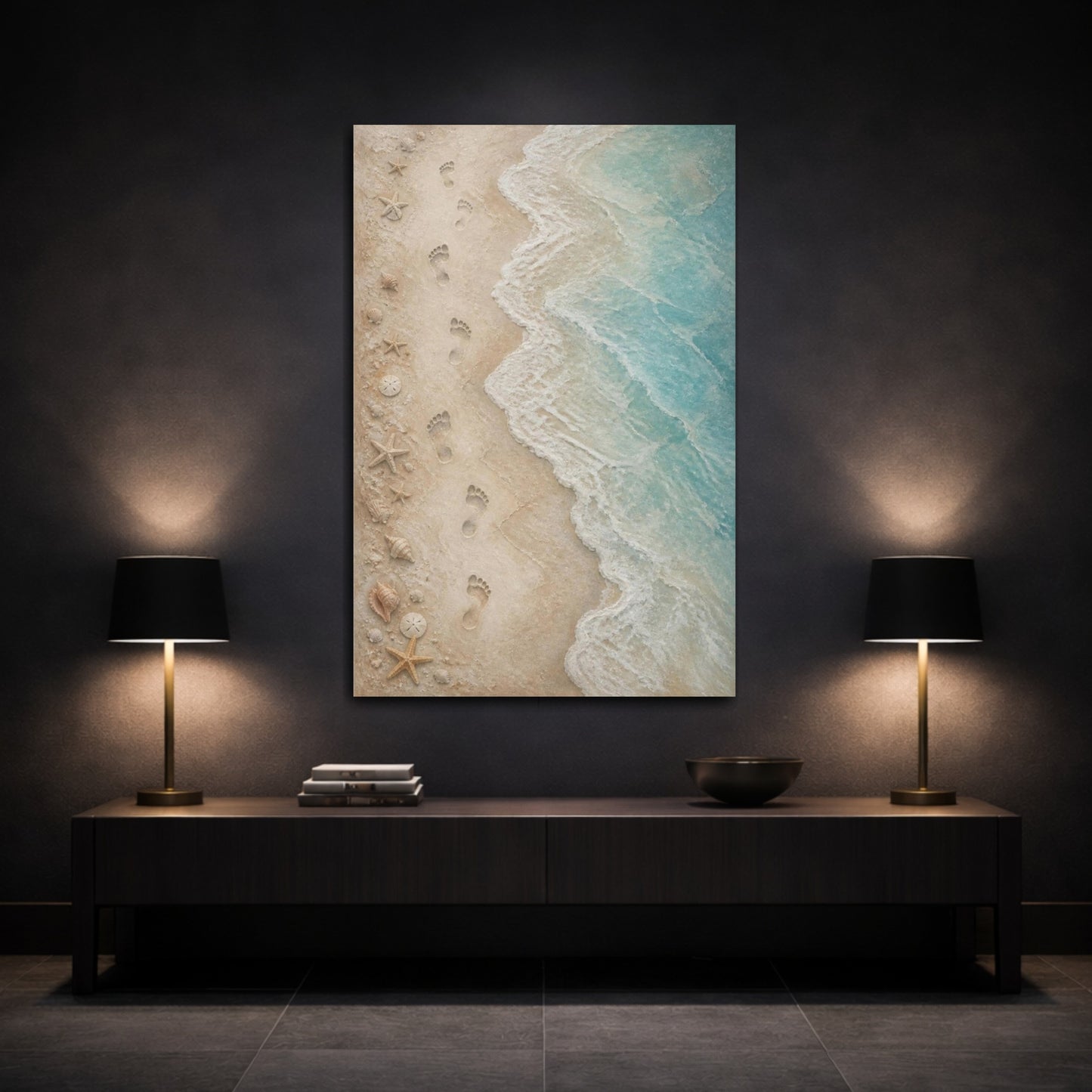 Mockup 3. Coastal Footprints On Sand shown as canvas print