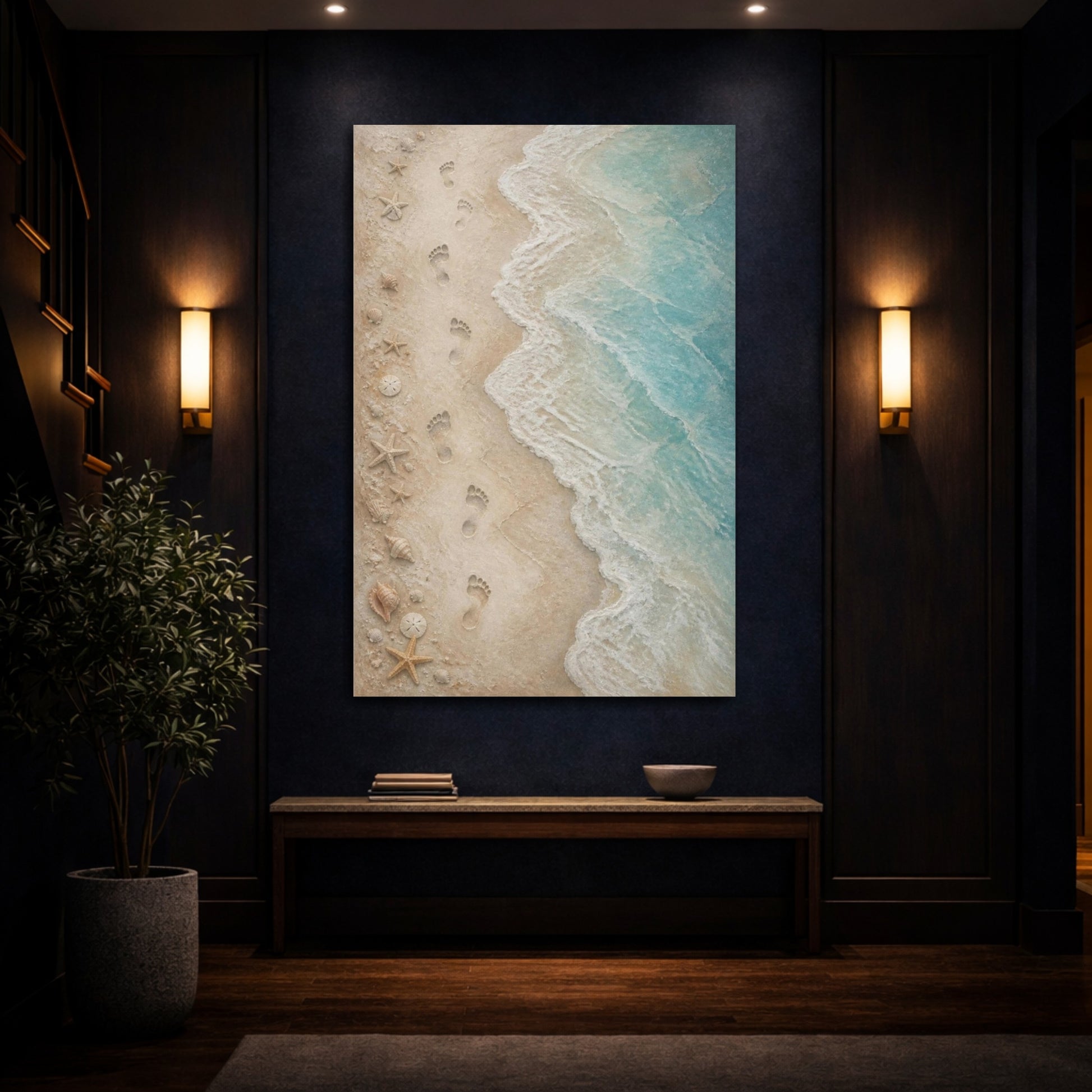 Mockup 4. Coastal Footprints On Sand shown as canvas print