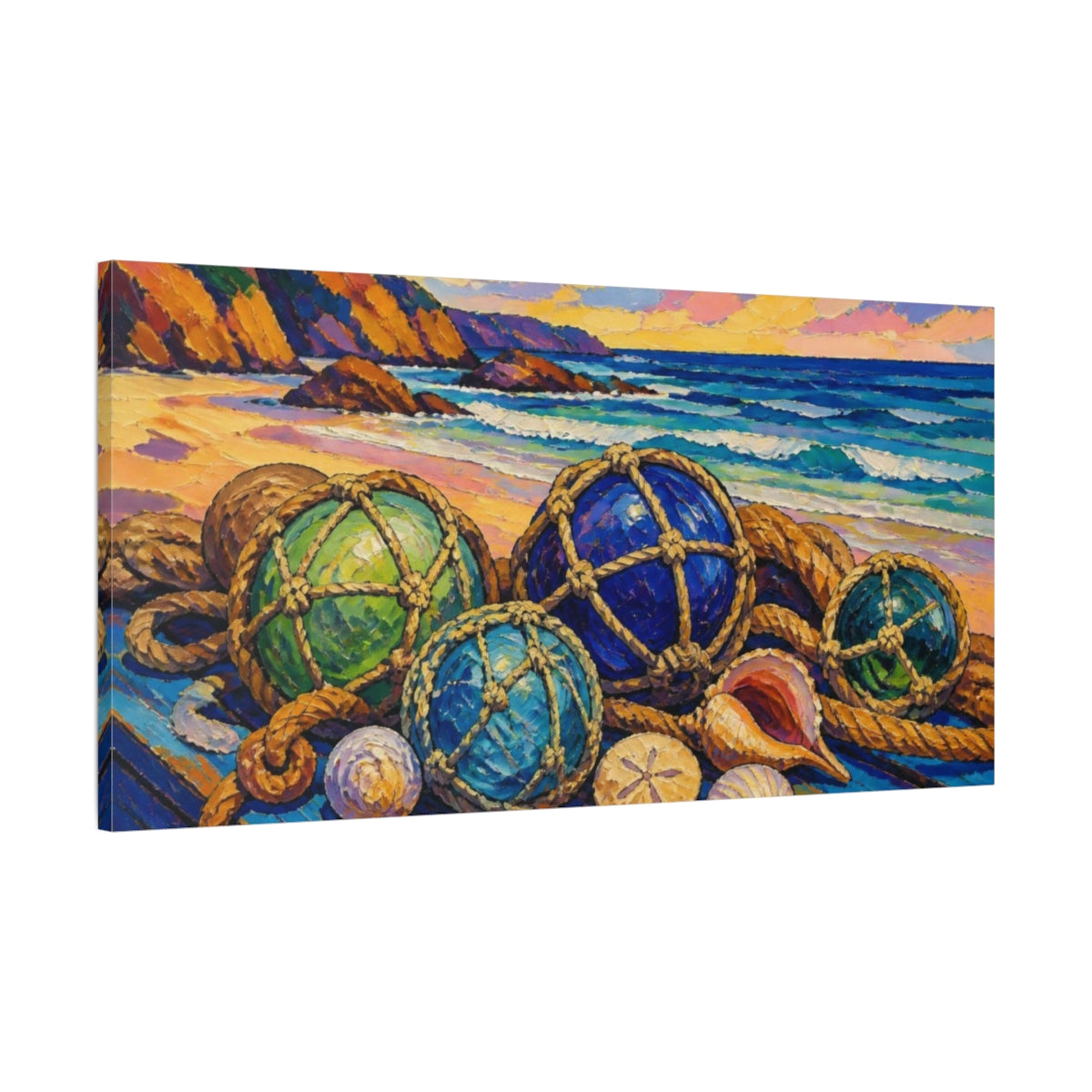 Main Mockup. Coastal Glass Floats shown as canvas print