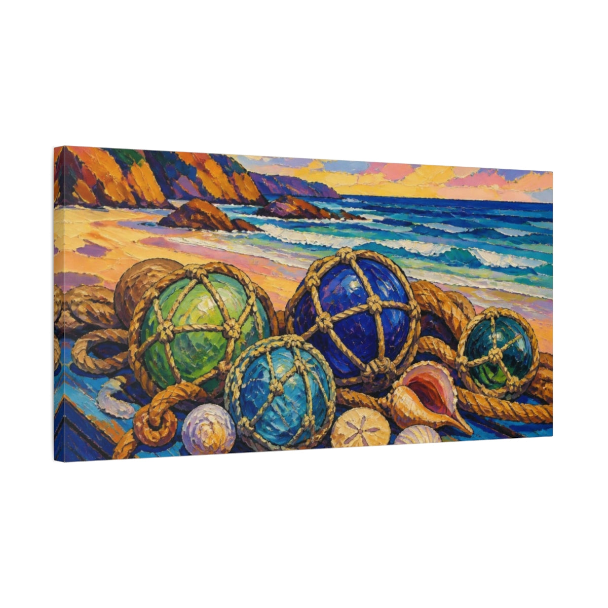 Side Mockup 1. Coastal Glass Floats shown as canvas print
