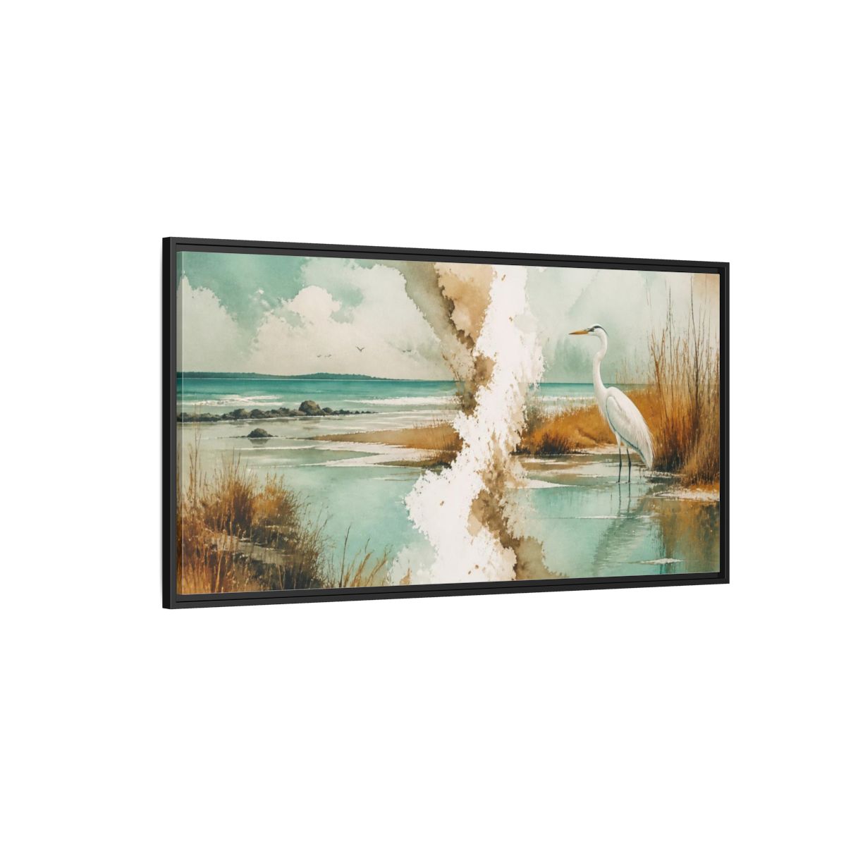 Side Mockup 5. Coastal Heron At Lagoon shown as framed canvas print