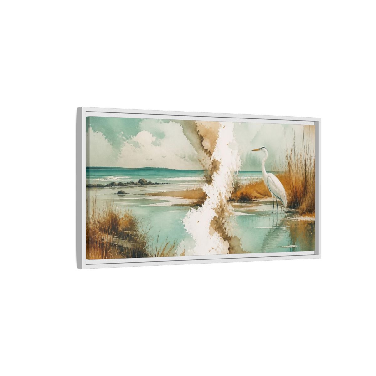 Side Mockup 1. Coastal Heron At Lagoon shown as framed canvas print